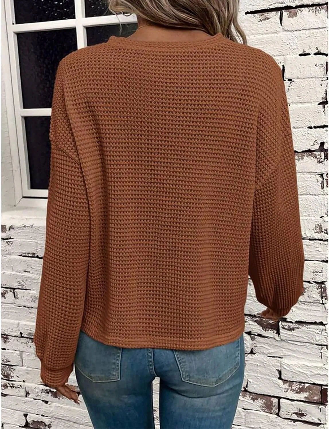 Mzkdieey Womens Waffle Knit Sweatshirts Oversized Crewneck Sweater 2024 Long Sleeve Solid Color Pullover Jumper Tops
