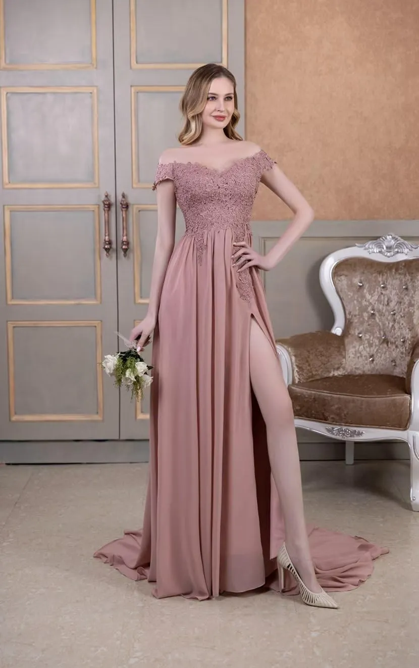 NLQ Off Shoulder Prom Dress for Women Laces Chiffon Long Slit Formal Bridesmaid Evening Gown CA07