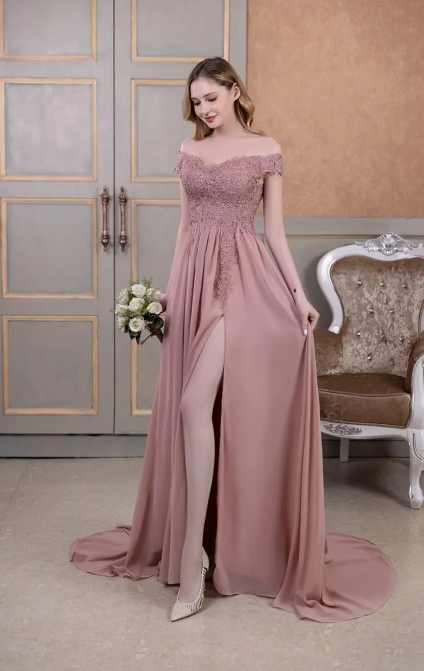 NLQ Off Shoulder Prom Dress for Women Laces Chiffon Long Slit Formal Bridesmaid Evening Gown CA07