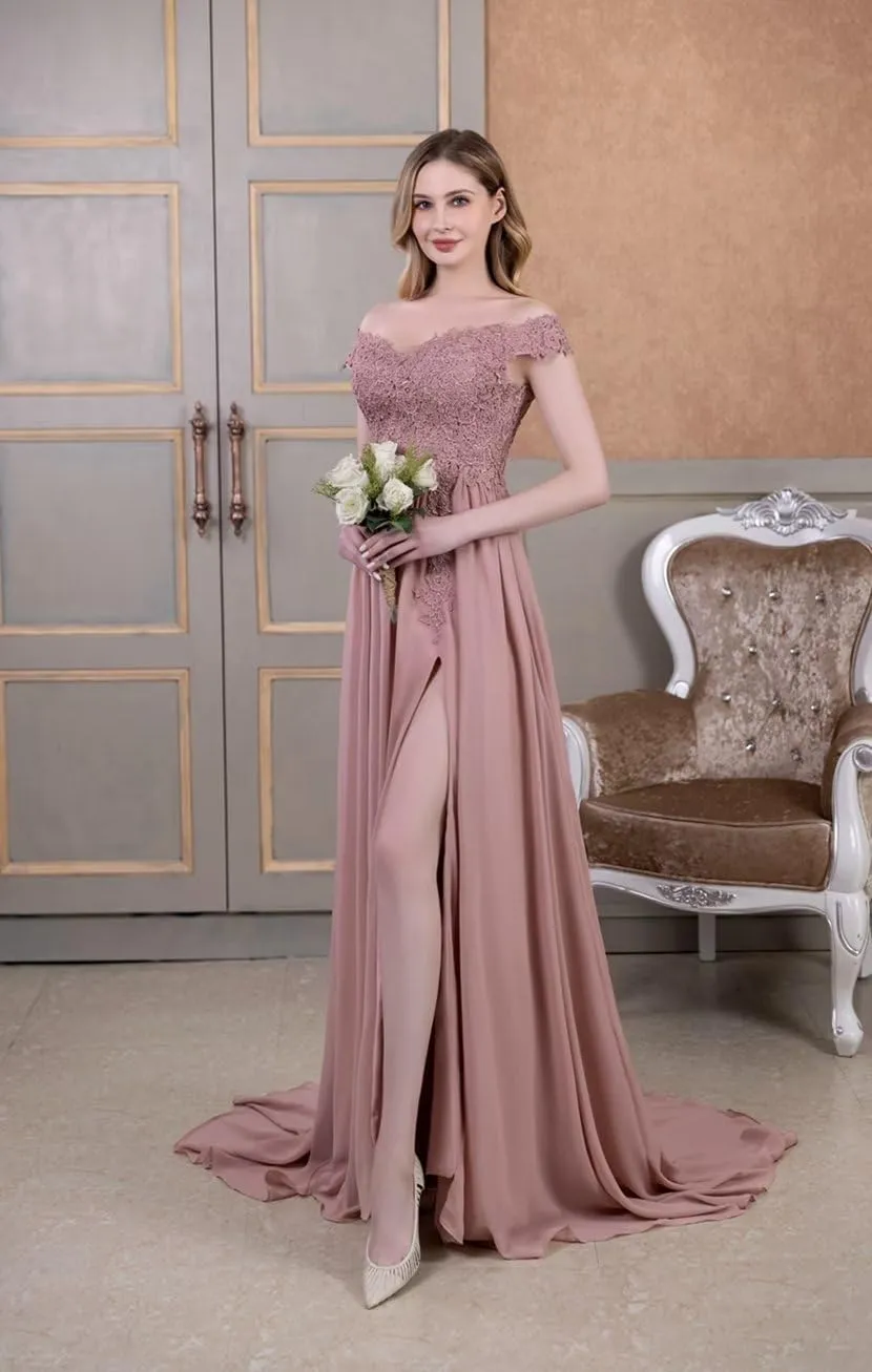 NLQ Off Shoulder Prom Dress for Women Laces Chiffon Long Slit Formal Bridesmaid Evening Gown CA07