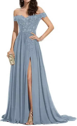 NLQ Off Shoulder Prom Dress for Women Laces Chiffon Long Slit Formal Bridesmaid Evening Gown CA07