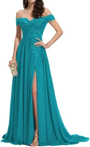NLQ Off Shoulder Prom Dress for Women Laces Chiffon Long Slit Formal Bridesmaid Evening Gown CA07