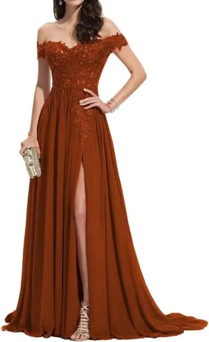 NLQ Off Shoulder Prom Dress for Women Laces Chiffon Long Slit Formal Bridesmaid Evening Gown CA07