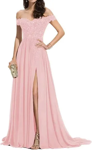 NLQ Off Shoulder Prom Dress for Women Laces Chiffon Long Slit Formal Bridesmaid Evening Gown CA07
