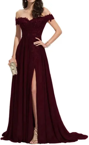 NLQ Off Shoulder Prom Dress for Women Laces Chiffon Long Slit Formal Bridesmaid Evening Gown CA07