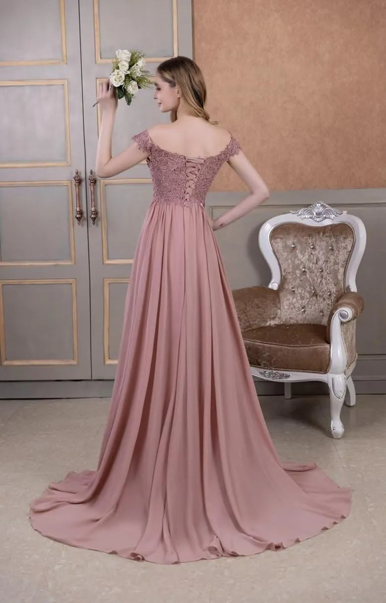 NLQ Off Shoulder Prom Dress for Women Laces Chiffon Long Slit Formal Bridesmaid Evening Gown CA07