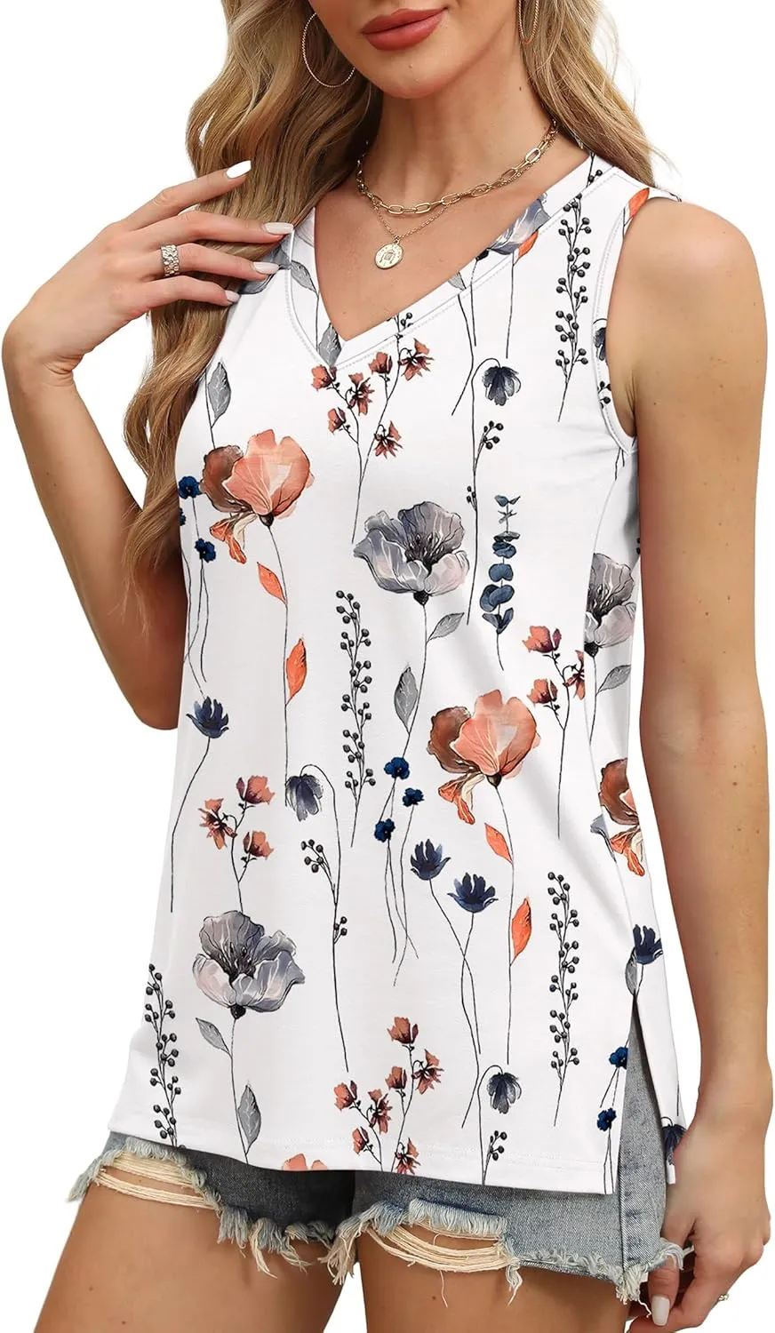 OFEEFAN Womens Tank Tops V Neck Loose Fit Basic Casual Summer Tops Side Split Sleeveless Shirts