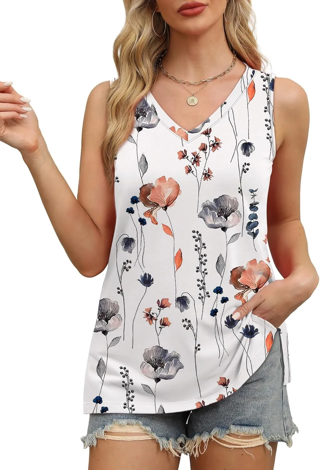 OFEEFAN Womens Tank Tops V Neck Loose Fit Basic Casual Summer Tops Side Split Sleeveless Shirts