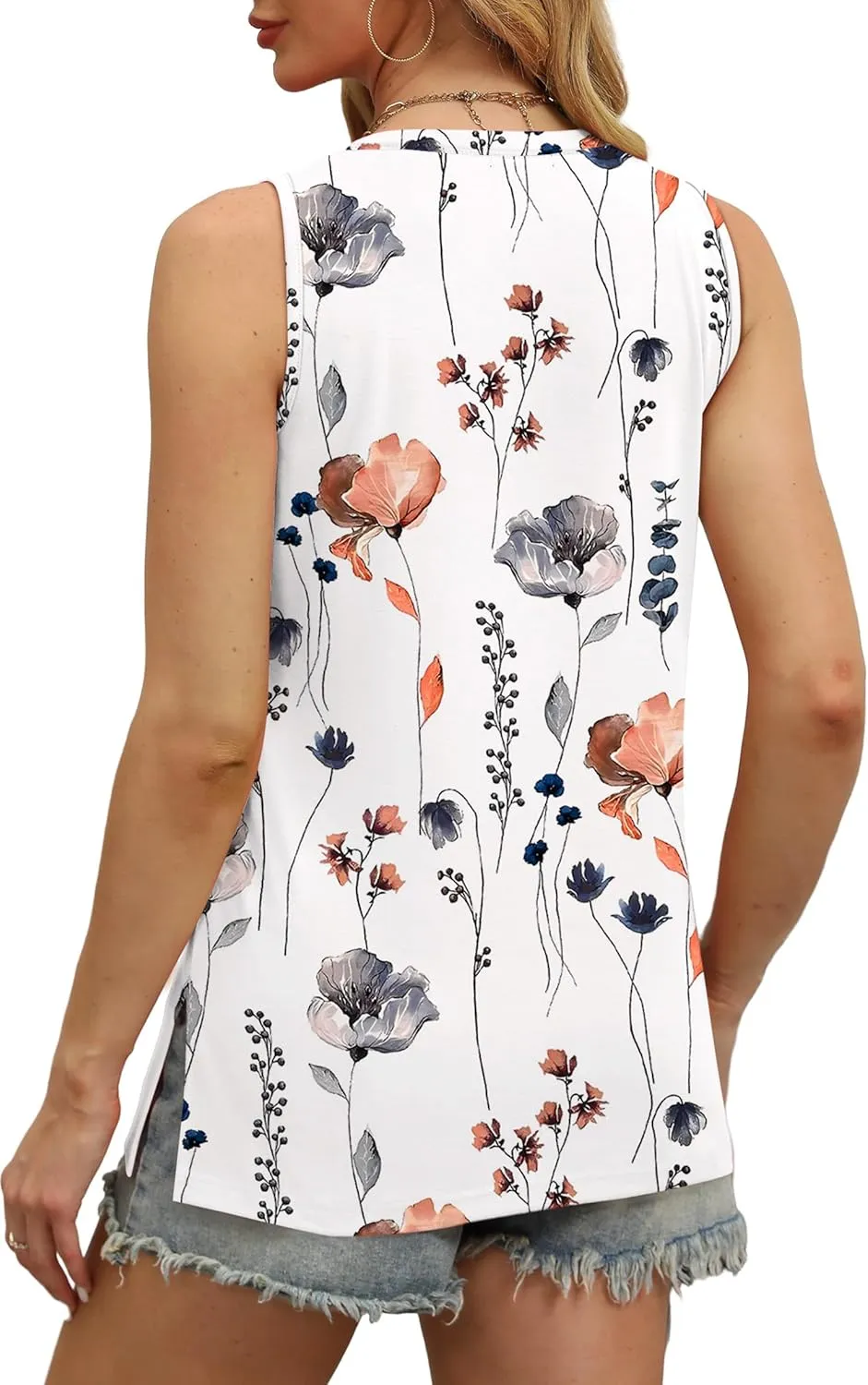 OFEEFAN Womens Tank Tops V Neck Loose Fit Basic Casual Summer Tops Side Split Sleeveless Shirts