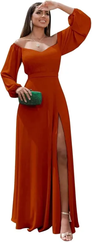 Off Shoulder Bridesmaid Dresses for Women Long Sleeve Chiffon Formal Evening Party Prom Dress with Slit