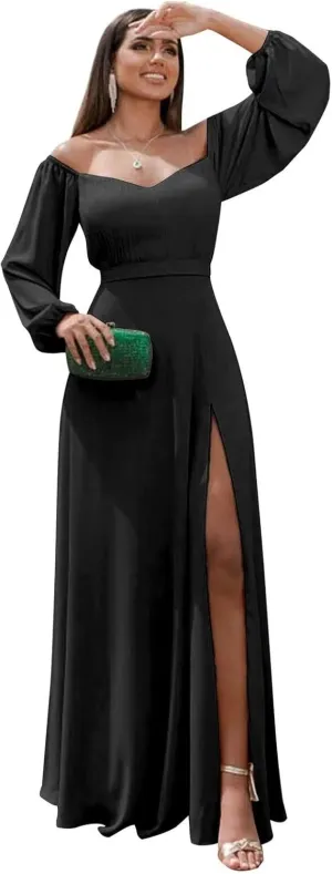 Off Shoulder Bridesmaid Dresses for Women Long Sleeve Chiffon Formal Evening Party Prom Dress with Slit