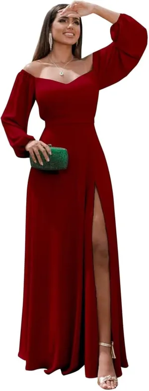 Off Shoulder Bridesmaid Dresses for Women Long Sleeve Chiffon Formal Evening Party Prom Dress with Slit