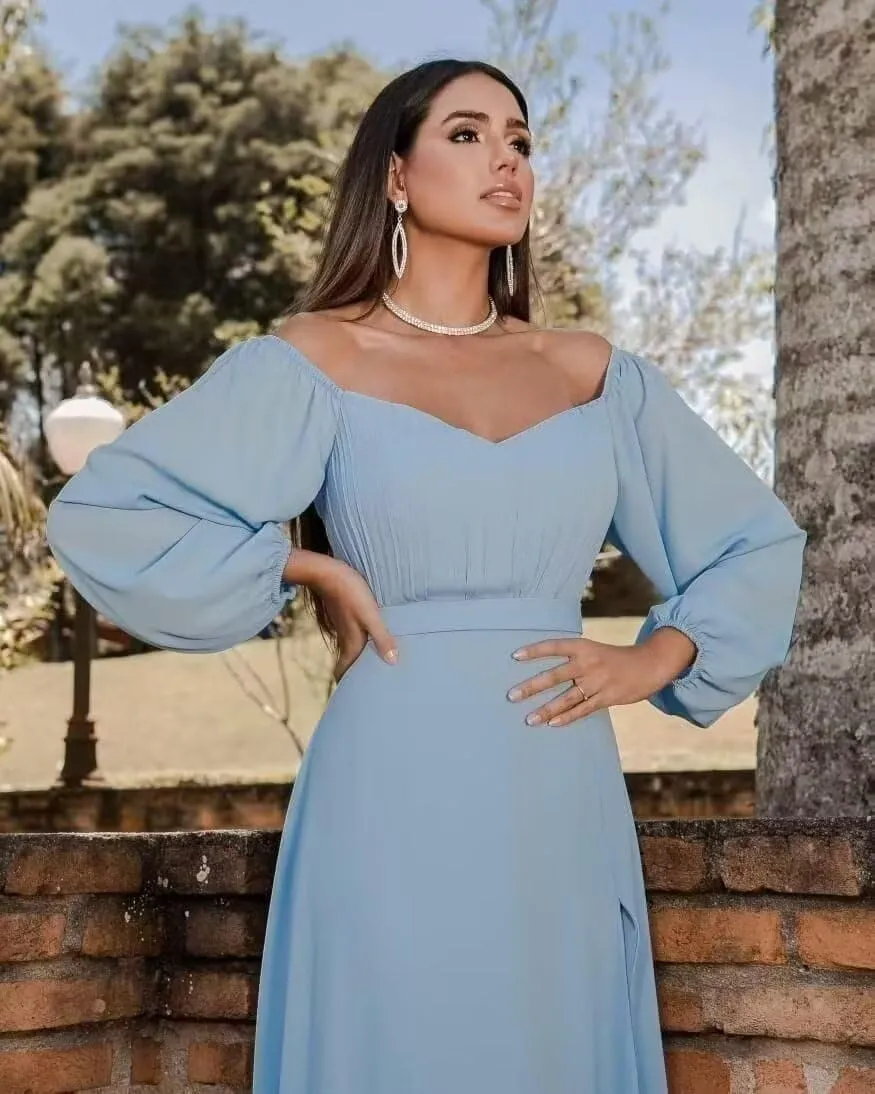 Off Shoulder Bridesmaid Dresses for Women Long Sleeve Chiffon Formal Evening Party Prom Dress with Slit