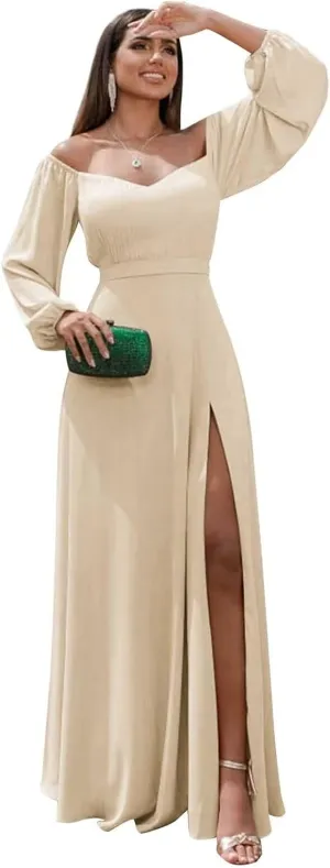 Off Shoulder Bridesmaid Dresses for Women Long Sleeve Chiffon Formal Evening Party Prom Dress with Slit