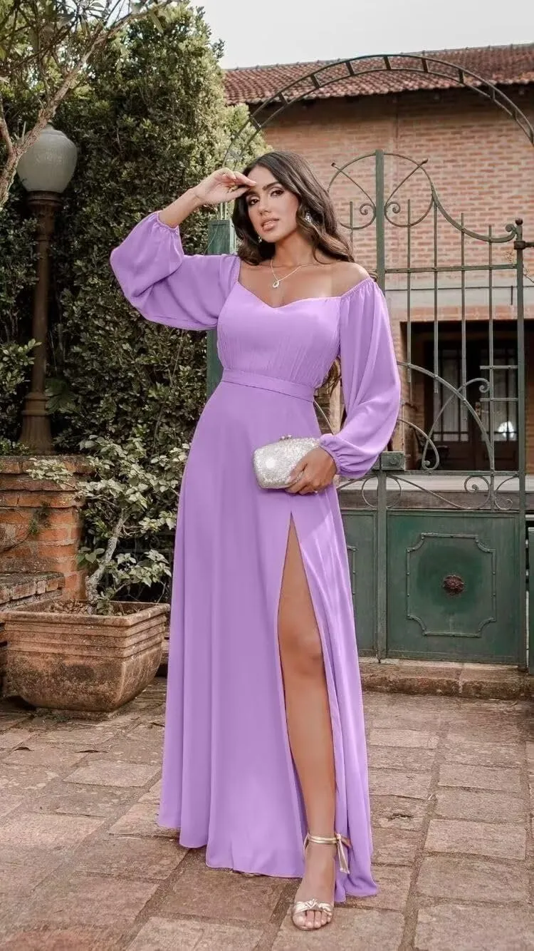 Off Shoulder Bridesmaid Dresses for Women Long Sleeve Chiffon Formal Evening Party Prom Dress with Slit