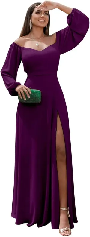 Off Shoulder Bridesmaid Dresses for Women Long Sleeve Chiffon Formal Evening Party Prom Dress with Slit