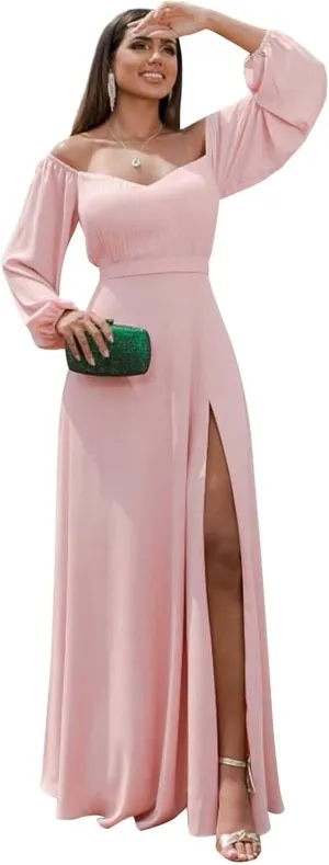 Off Shoulder Bridesmaid Dresses for Women Long Sleeve Chiffon Formal Evening Party Prom Dress with Slit