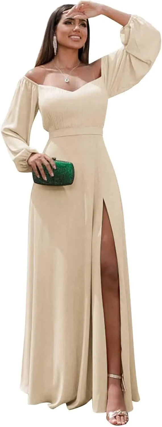 Off Shoulder Bridesmaid Dresses for Women Long Sleeve Chiffon Formal Evening Party Prom Dress with Slit