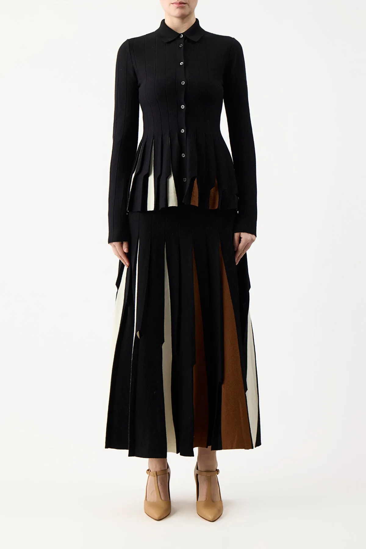 Olya Pleated Knit Midi Skirt in Black Multi Merino Wool