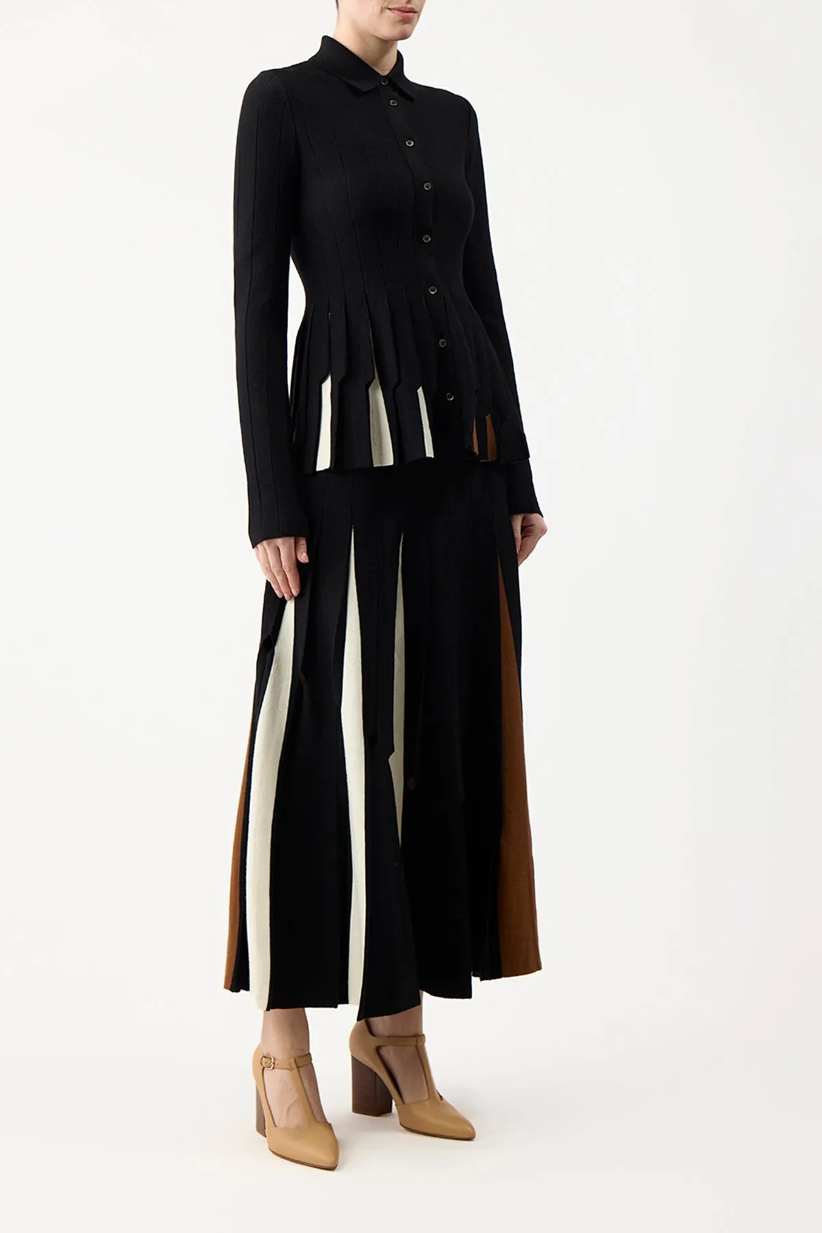 Olya Pleated Knit Midi Skirt in Black Multi Merino Wool