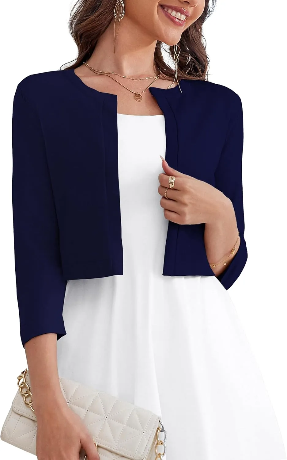 OmicGot Women's 3/4 Sleeve Open Front Knit Cropped Bolero Shrug Cardigan Sweater for Women S-XL