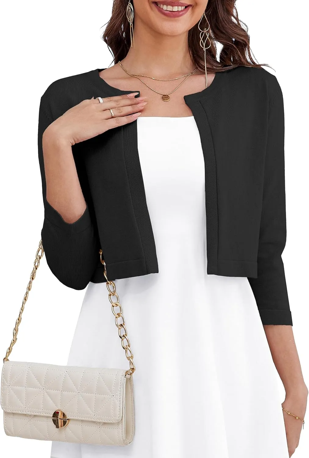 OmicGot Women's 3/4 Sleeve Open Front Knit Cropped Bolero Shrug Cardigan Sweater for Women S-XL