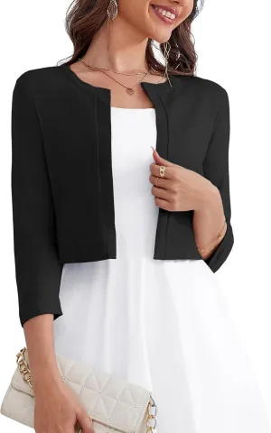 OmicGot Women's 3/4 Sleeve Open Front Knit Cropped Bolero Shrug Cardigan Sweater for Women S-XL