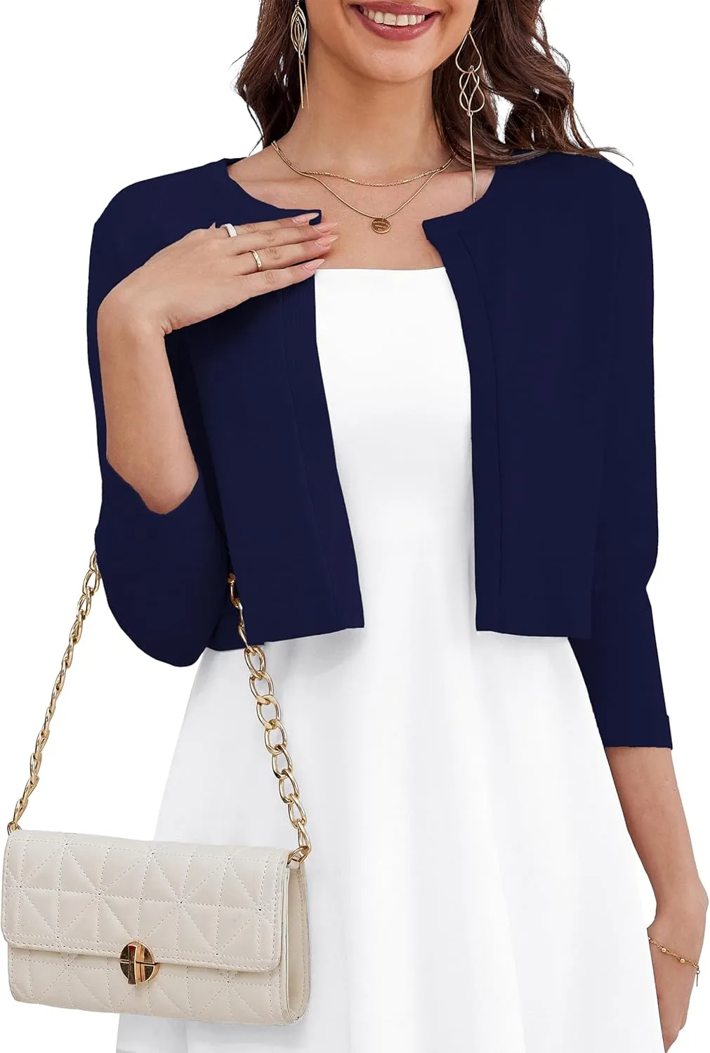 OmicGot Women's 3/4 Sleeve Open Front Knit Cropped Bolero Shrug Cardigan Sweater for Women S-XL