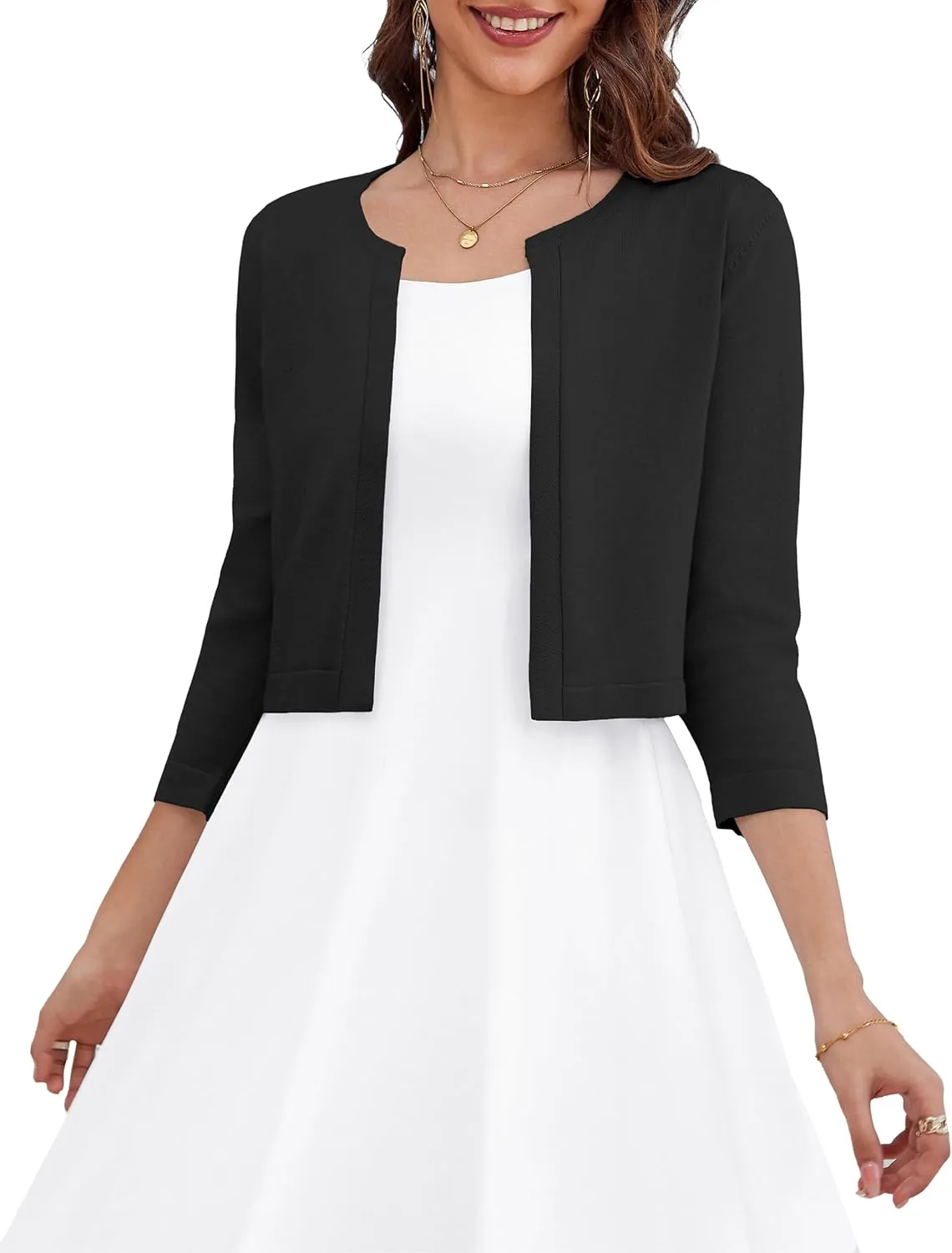 OmicGot Women's 3/4 Sleeve Open Front Knit Cropped Bolero Shrug Cardigan Sweater for Women S-XL