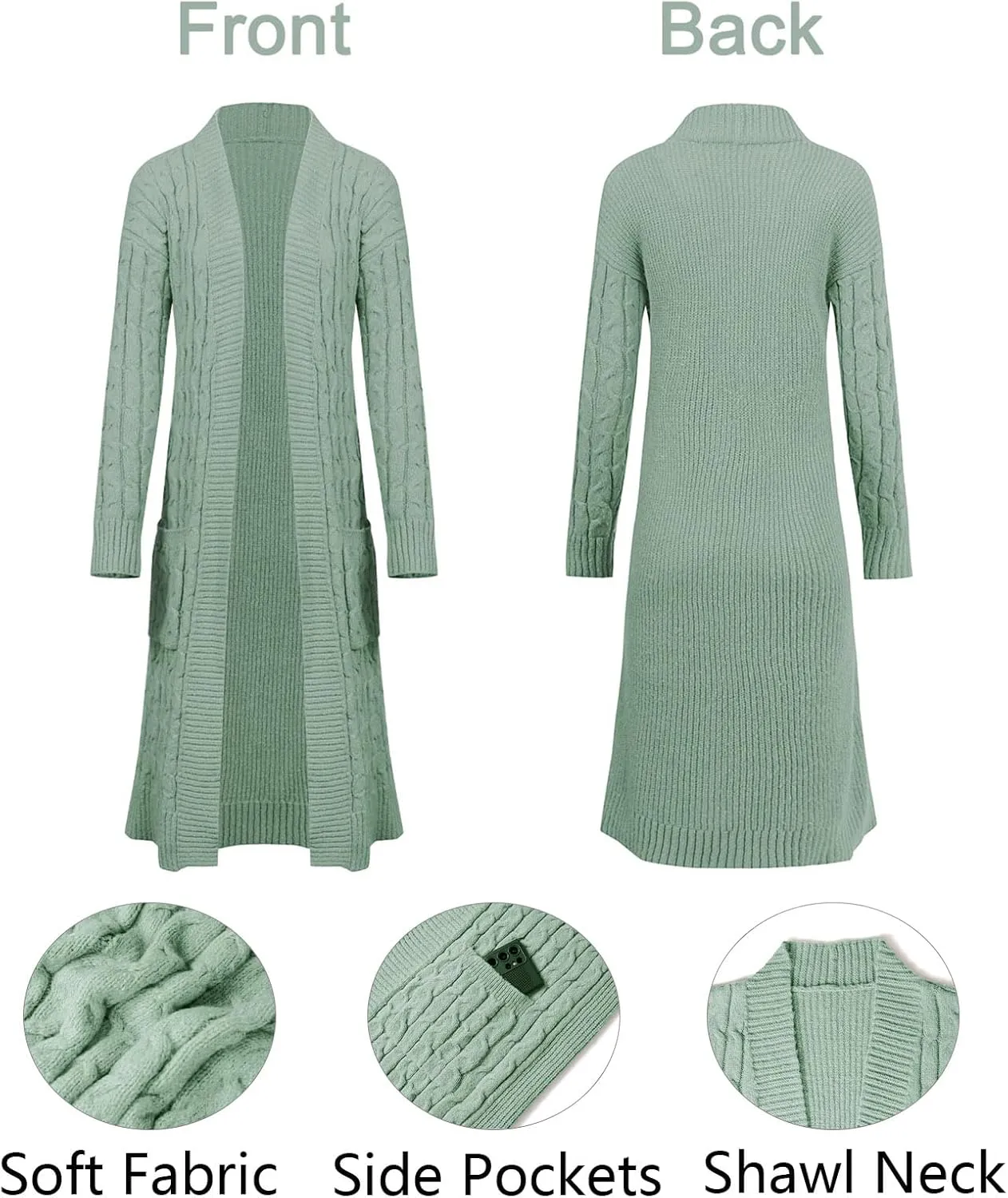 Onedreamer Womens Long Cardigan Cable Knit Open Front Long Sleeve Sweater Coats with Pockets