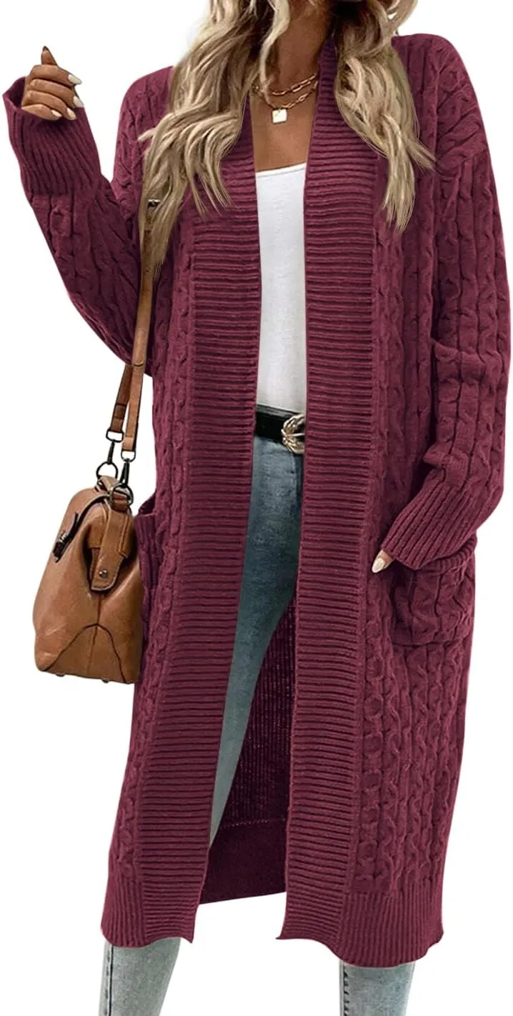 Onedreamer Womens Long Cardigan Cable Knit Open Front Long Sleeve Sweater Coats with Pockets