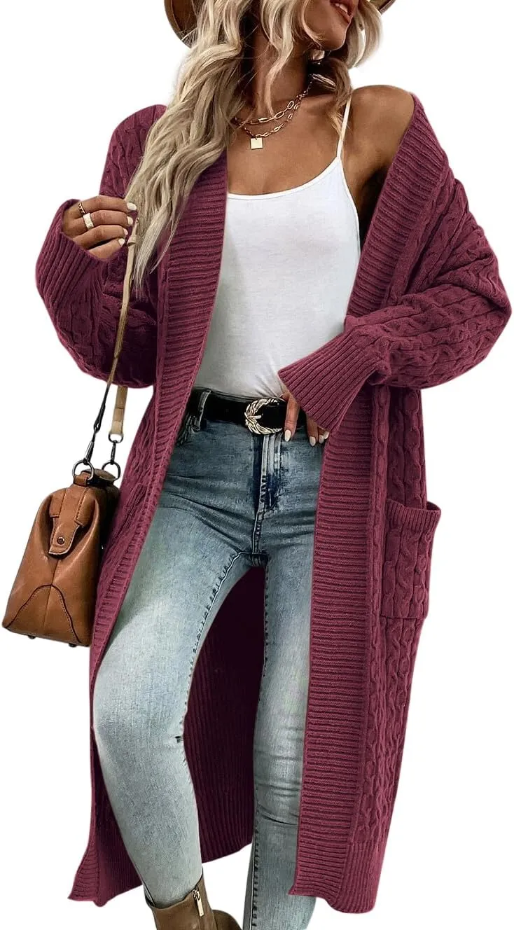 Onedreamer Womens Long Cardigan Cable Knit Open Front Long Sleeve Sweater Coats with Pockets