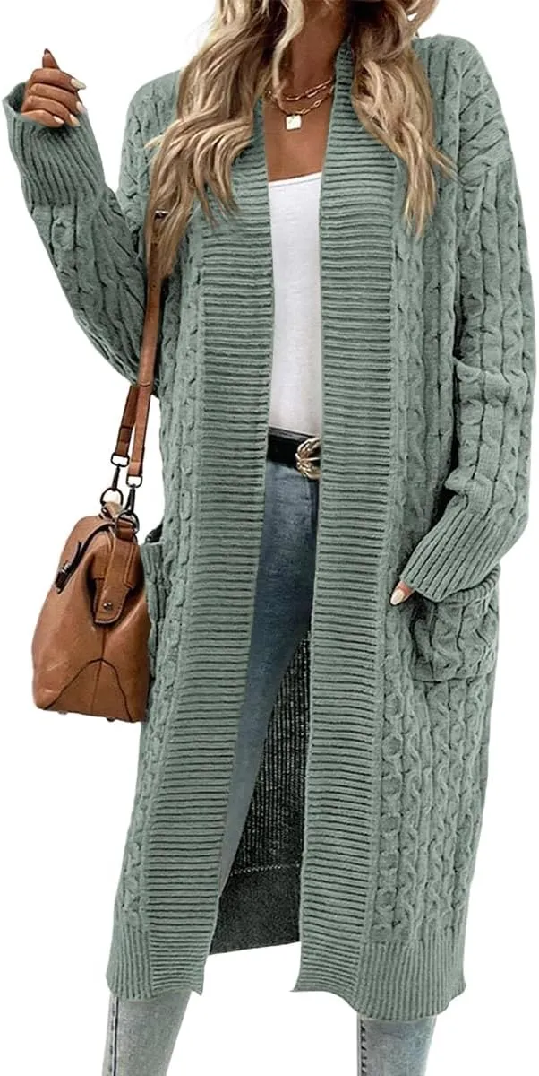 Onedreamer Womens Long Cardigan Cable Knit Open Front Long Sleeve Sweater Coats with Pockets