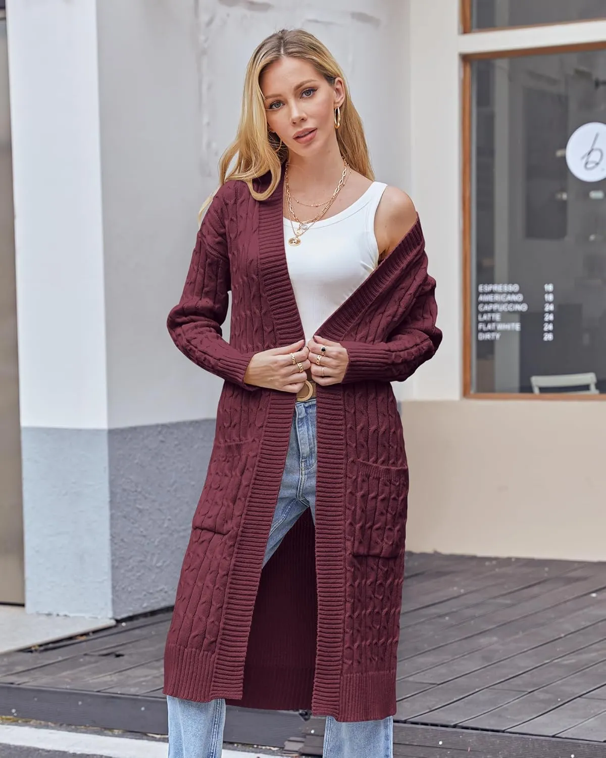 Onedreamer Womens Long Cardigan Cable Knit Open Front Long Sleeve Sweater Coats with Pockets