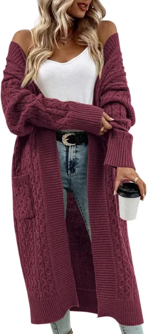 Onedreamer Womens Long Cardigan Cable Knit Open Front Long Sleeve Sweater Coats with Pockets