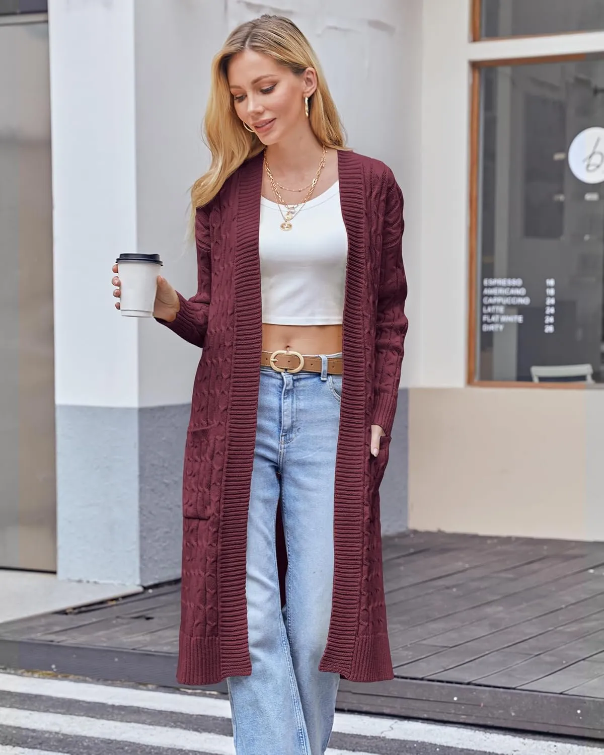 Onedreamer Womens Long Cardigan Cable Knit Open Front Long Sleeve Sweater Coats with Pockets