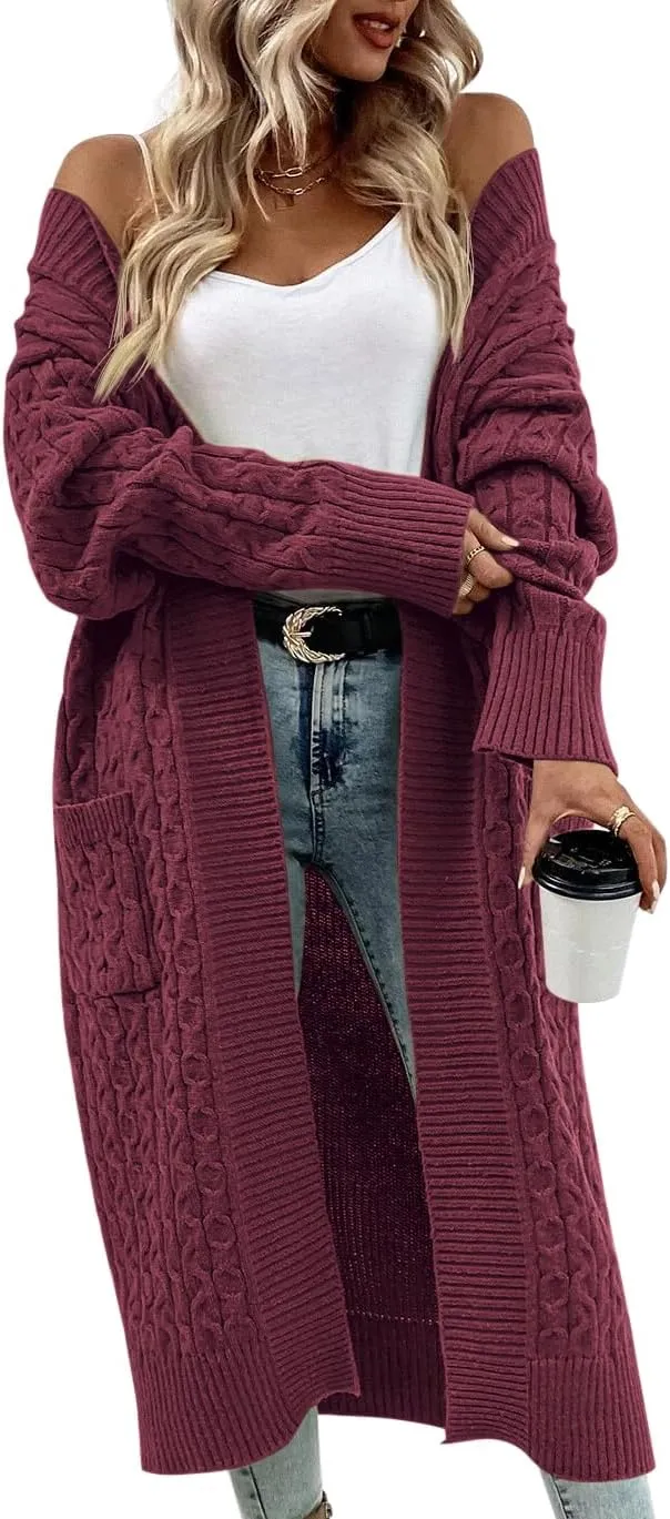 Onedreamer Womens Long Cardigan Cable Knit Open Front Long Sleeve Sweater Coats with Pockets