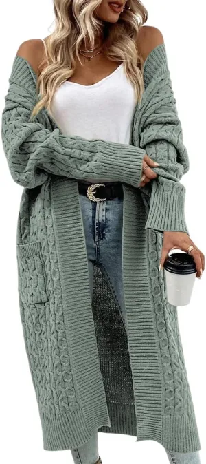 Onedreamer Womens Long Cardigan Cable Knit Open Front Long Sleeve Sweater Coats with Pockets