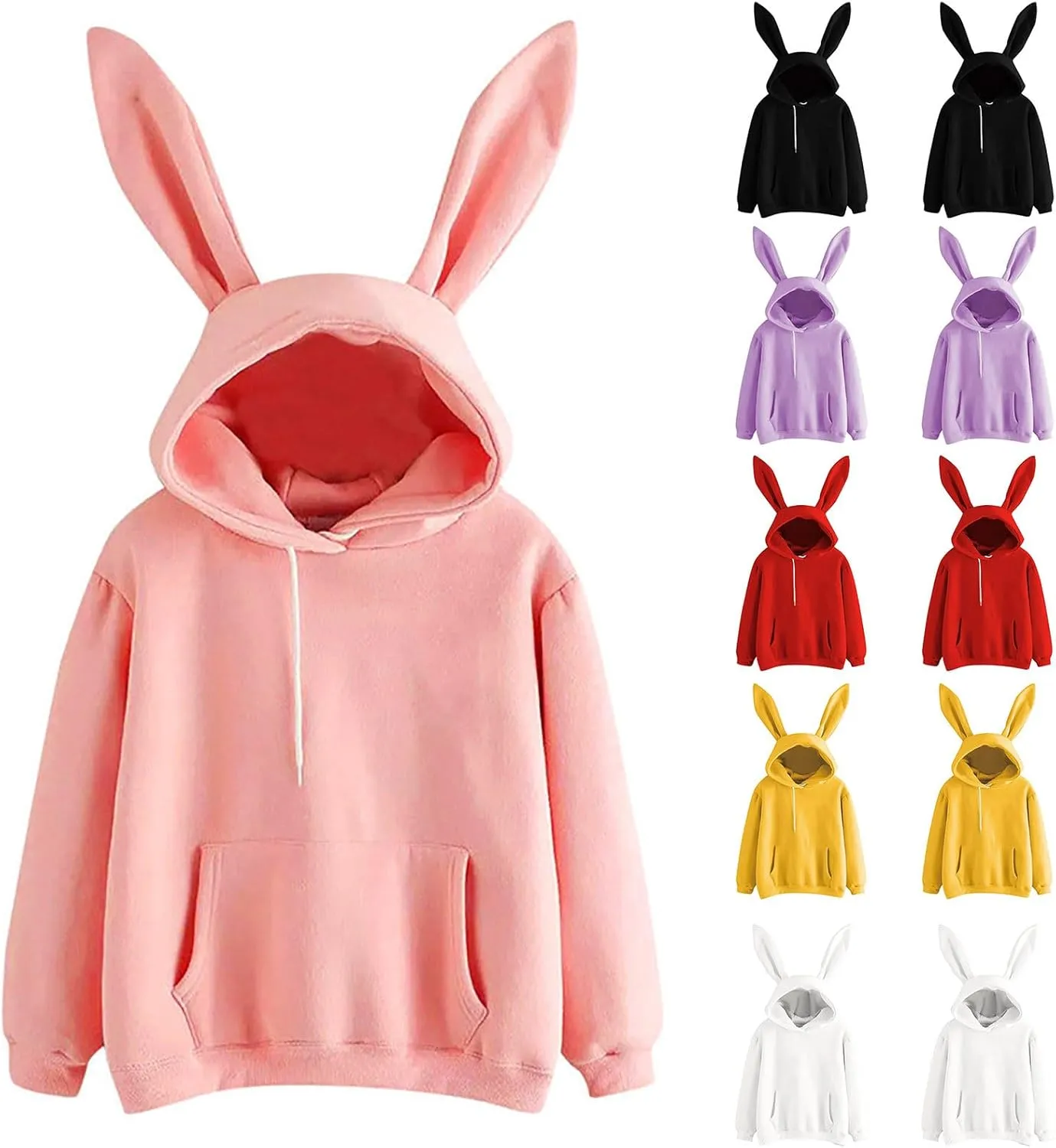 Oplxuo Women Bunny Ear Hoodies Kawaii Pullover Tops Rabbit Ear Sweatshirt with Pocket Cute Animal Hoodie for Teen Girls