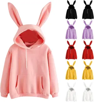 Oplxuo Women Bunny Ear Hoodies Kawaii Pullover Tops Rabbit Ear Sweatshirt with Pocket Cute Animal Hoodie for Teen Girls