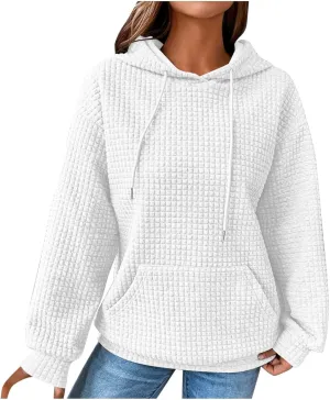 Oversized Hoodies for Women Athleisure Quilted Drawstring Crewneck Sweatshirts Fall Knit Pullover Sweaters with Pocket