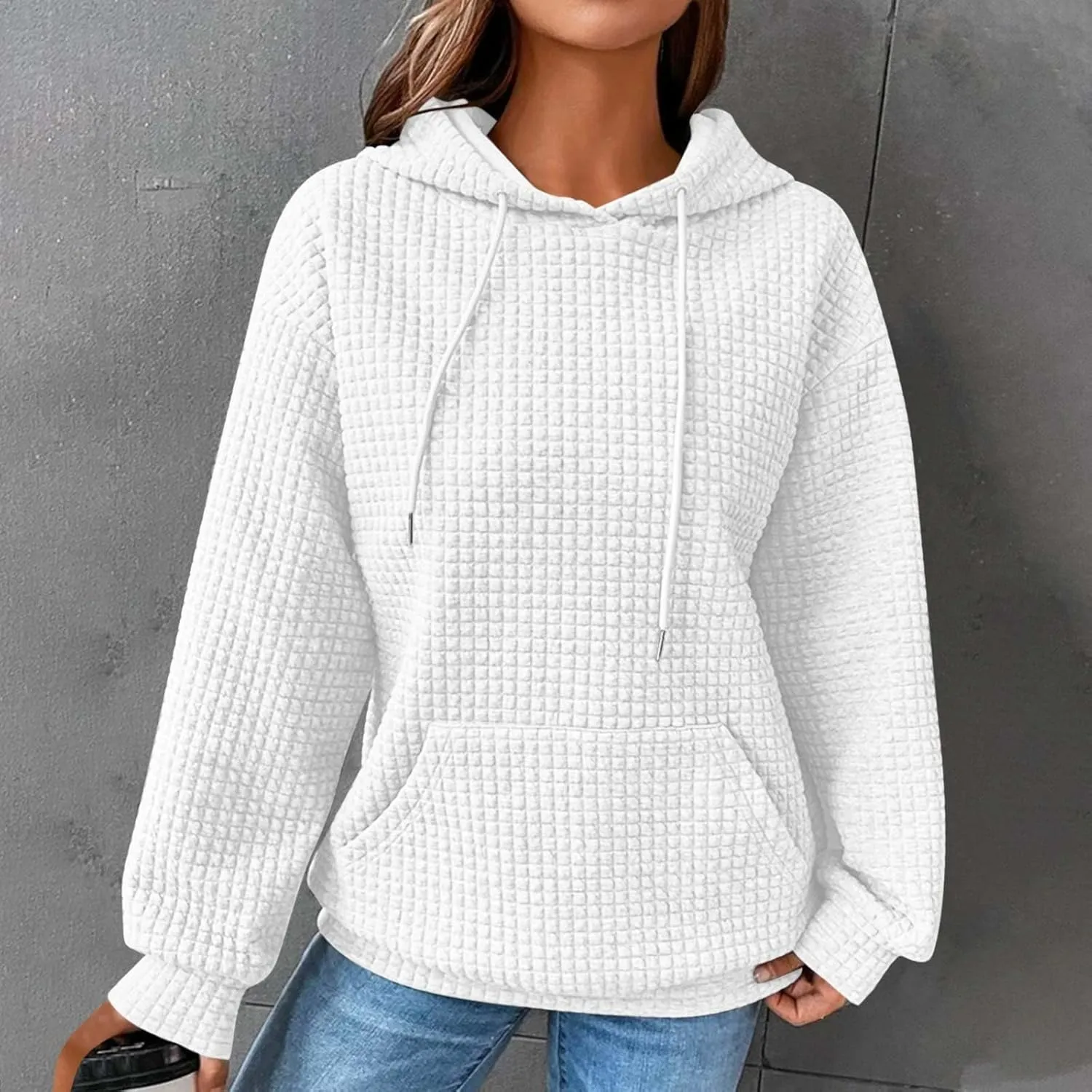 Oversized Hoodies for Women Athleisure Quilted Drawstring Crewneck Sweatshirts Fall Knit Pullover Sweaters with Pocket