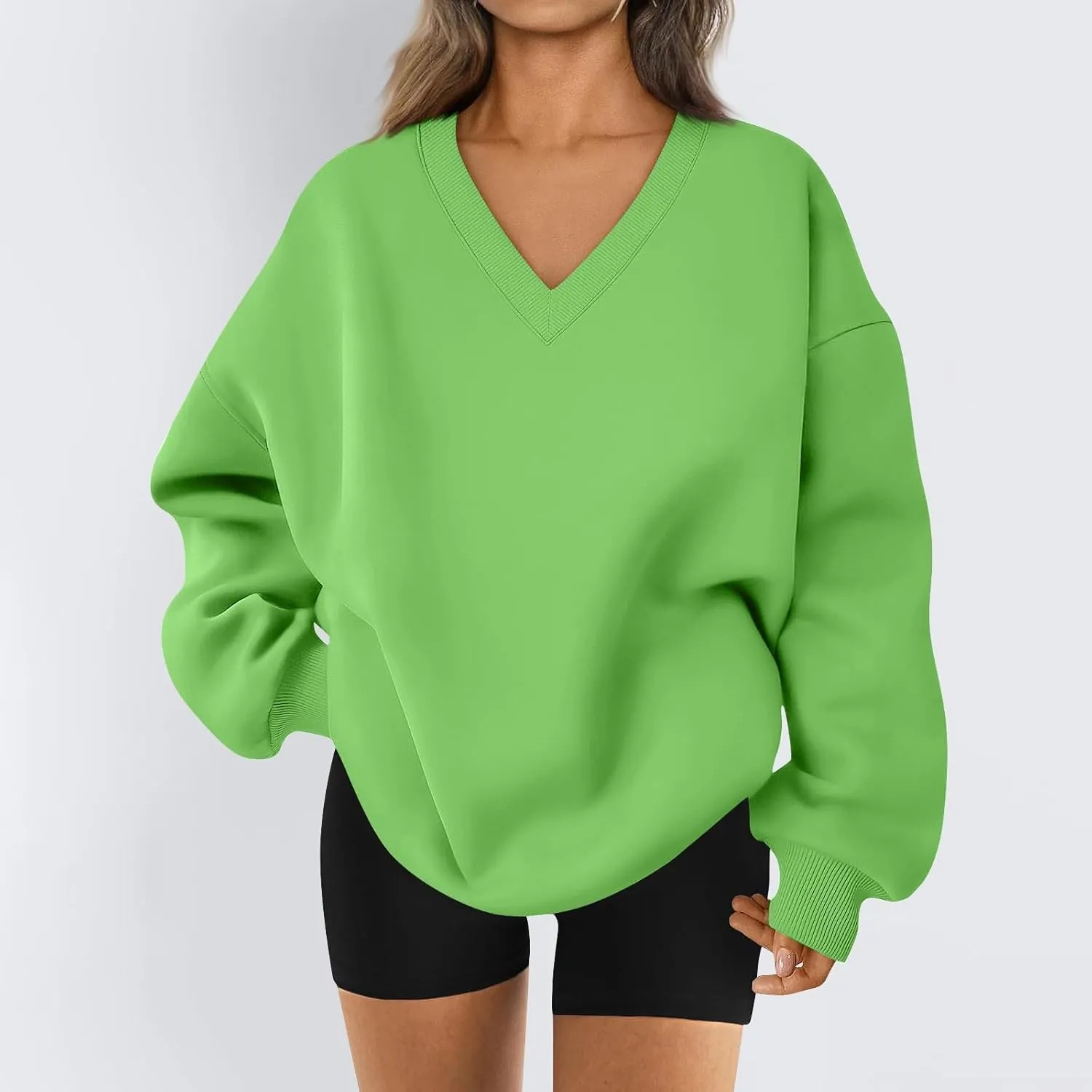Oversized Sweatshirt for Women Fleece Hoodies Pullover V Neck Long Sleeve Shirts Sweatshirt No Hood Loose Fitting Tops