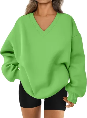 Oversized Sweatshirt for Women Fleece Hoodies Pullover V Neck Long Sleeve Shirts Sweatshirt No Hood Loose Fitting Tops