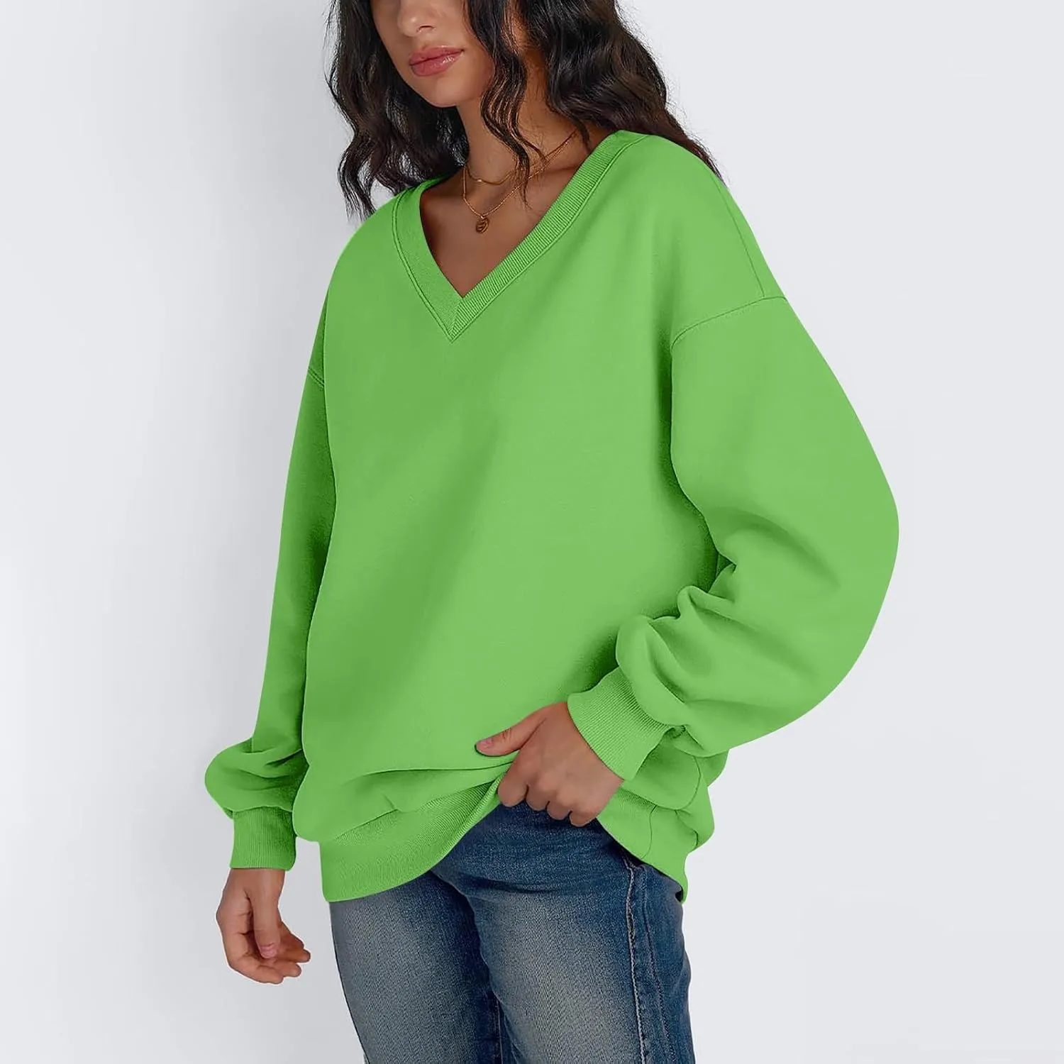 Oversized Sweatshirt for Women Fleece Hoodies Pullover V Neck Long Sleeve Shirts Sweatshirt No Hood Loose Fitting Tops