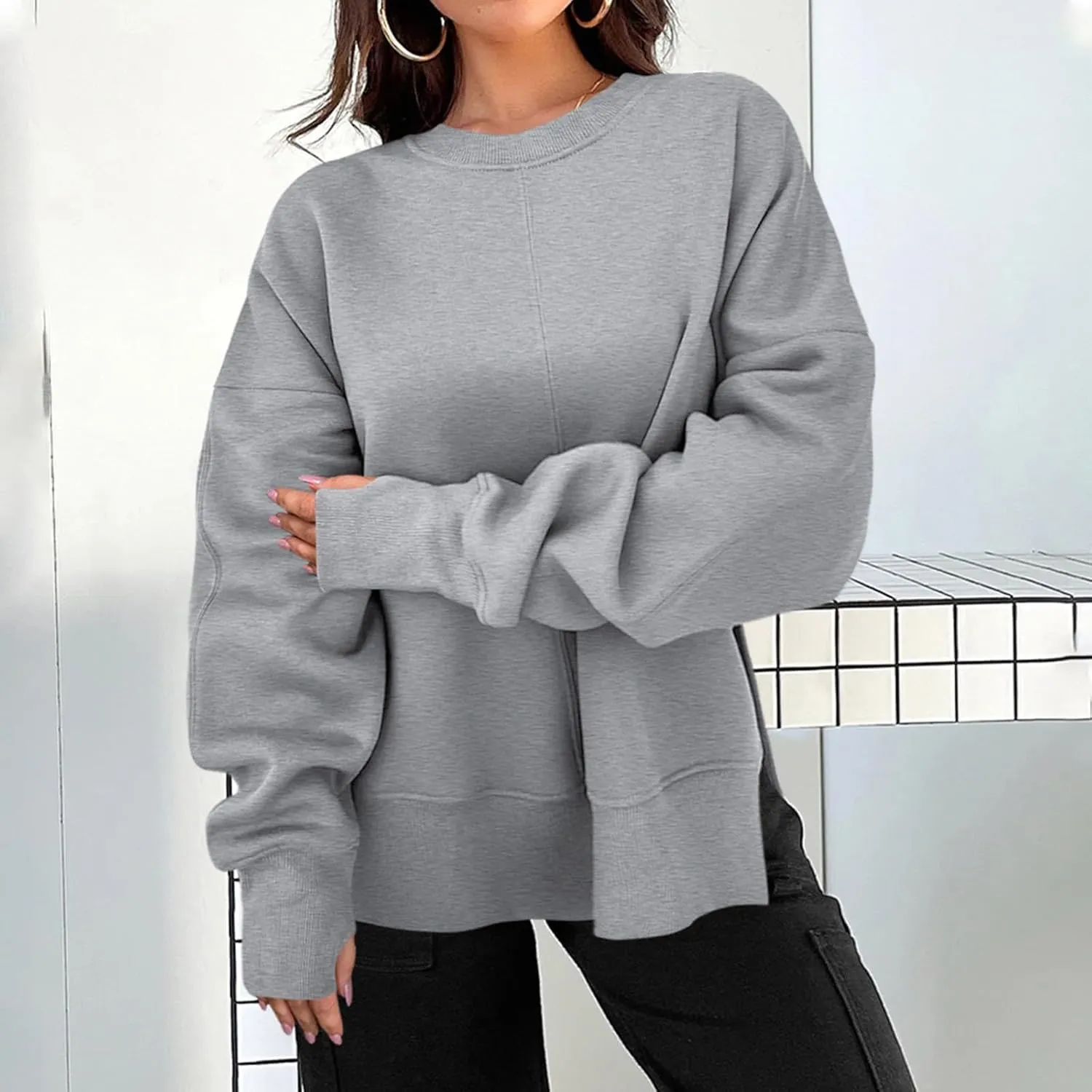 Oversized Sweatshirt for Women Loose Fit Crewneck Side Slit Draped Pullover Sweaters Casual Long Sleeve Comfrt Hoodies
