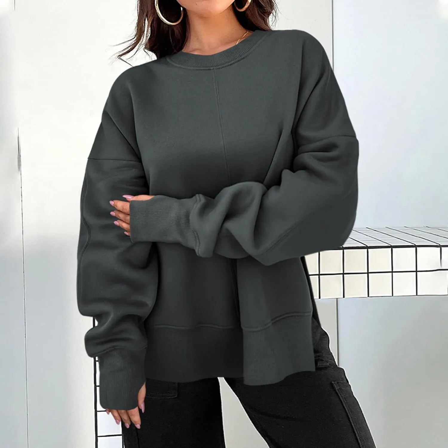 Oversized Sweatshirt for Women Loose Fit Crewneck Side Slit Draped Pullover Sweaters Casual Long Sleeve Comfrt Hoodies