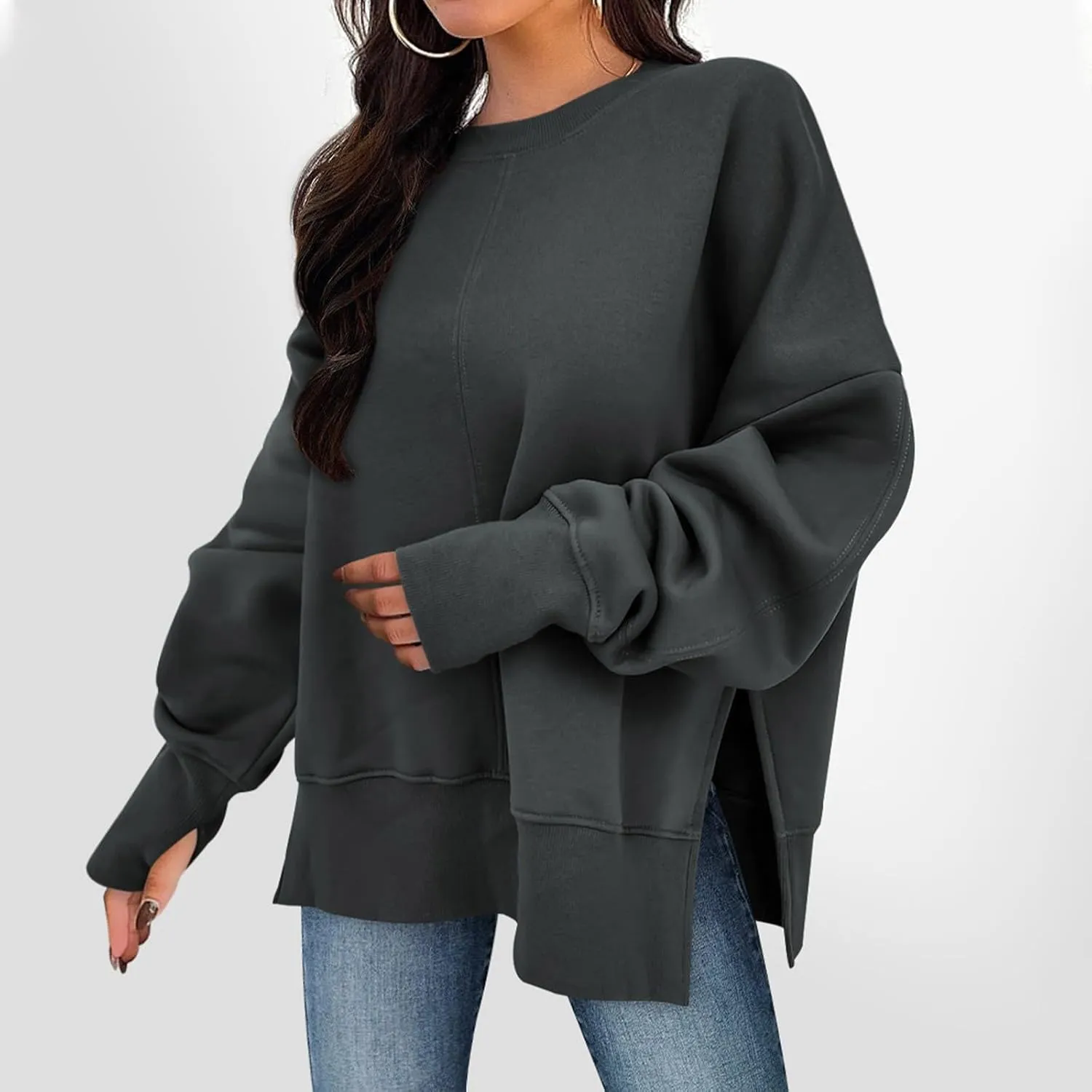 Oversized Sweatshirt for Women Loose Fit Crewneck Side Slit Draped Pullover Sweaters Casual Long Sleeve Comfrt Hoodies