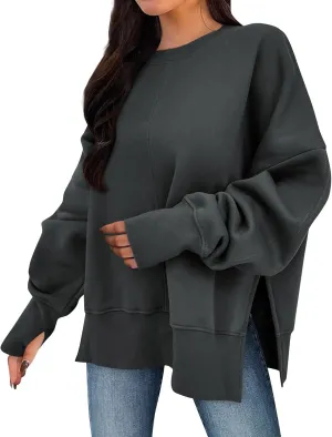 Oversized Sweatshirt for Women Loose Fit Crewneck Side Slit Draped Pullover Sweaters Casual Long Sleeve Comfrt Hoodies