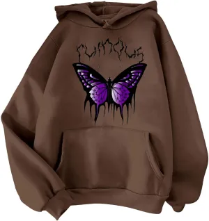 Oversized Sweatshirt For Womens Graphic Butterfly Print Fall Casual Hoodie Drawstring Sweatshirt Pullover With Pockets